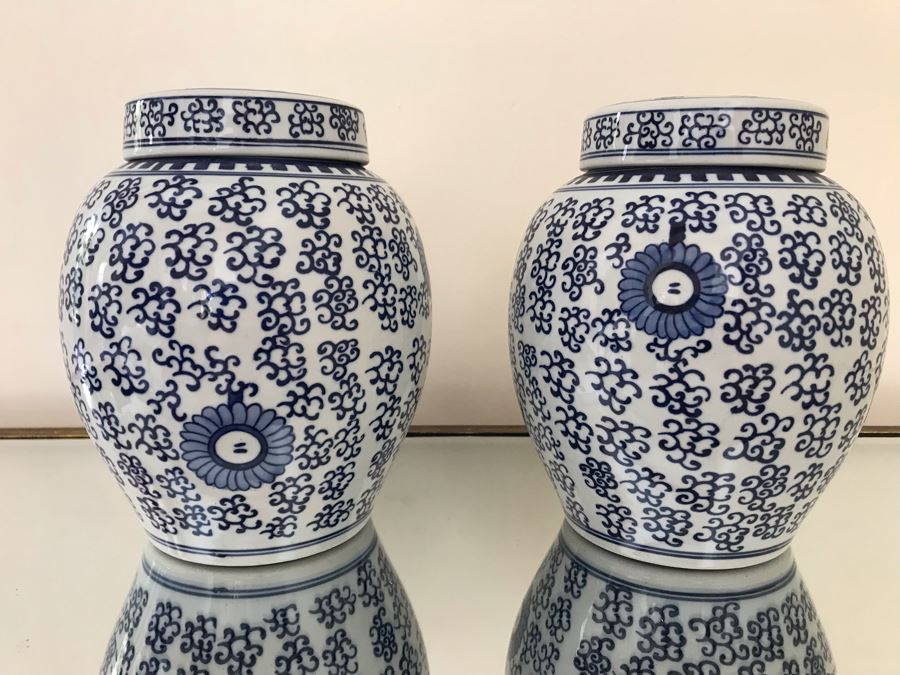 Pair Of Blue & White Chinoiserie Porcelain Jars By Ballard Designs 10H