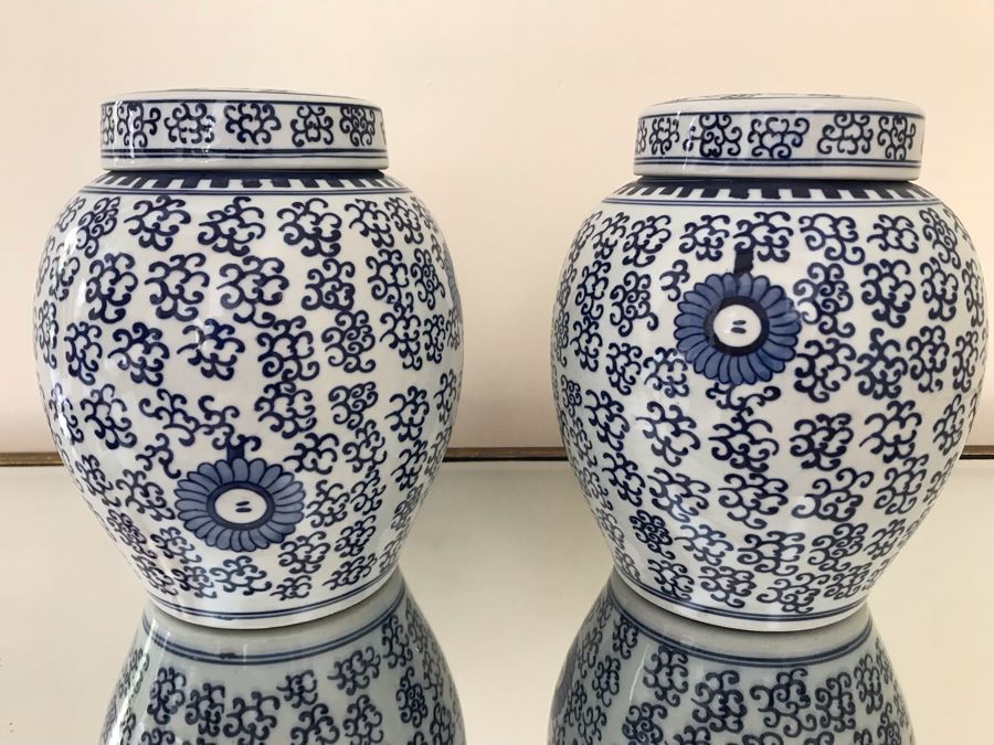 Pair Of Blue & White Chinoiserie Porcelain Jars By Ballard Designs 10H [Photo 1]