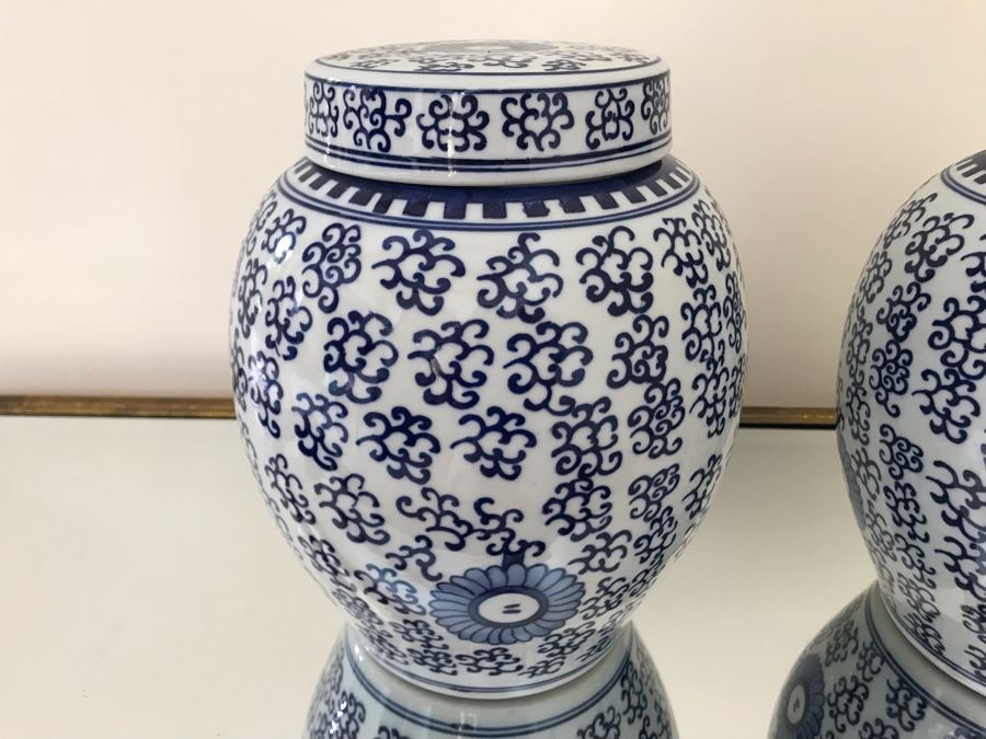 Pair Of Blue & White Chinoiserie Porcelain Jars By Ballard Designs 10H [Photo 4]