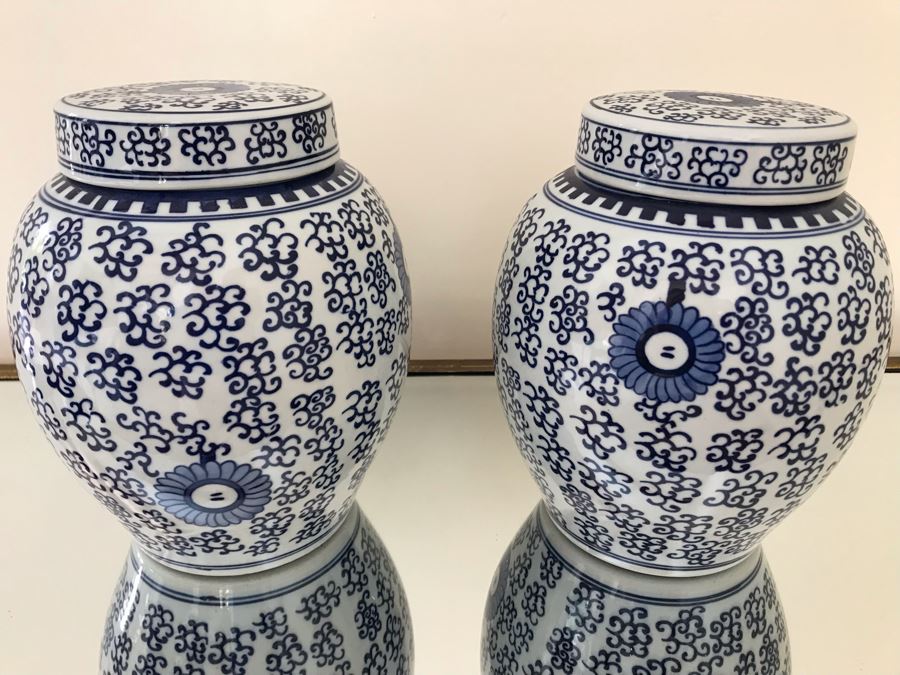 Pair Of Blue & White Chinoiserie Porcelain Jars By Ballard Designs 10H [Photo 3]