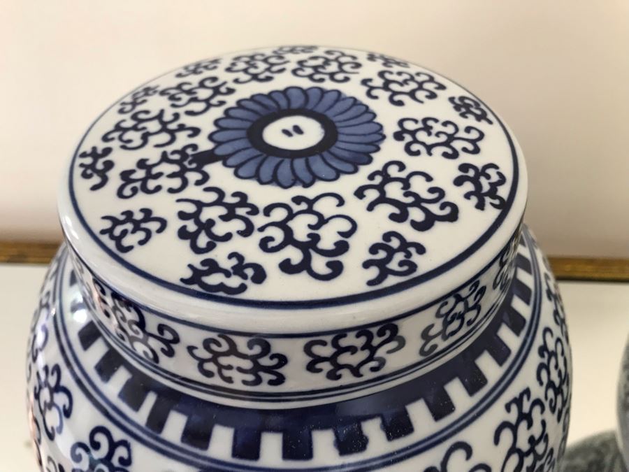 Pair Of Blue & White Chinoiserie Porcelain Jars By Ballard Designs 10H [Photo 5]
