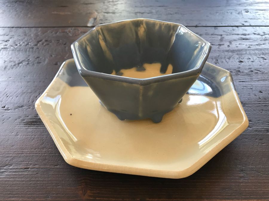 Signed Glazed Pottery Footed Cup With Plate 8W [Photo 2]