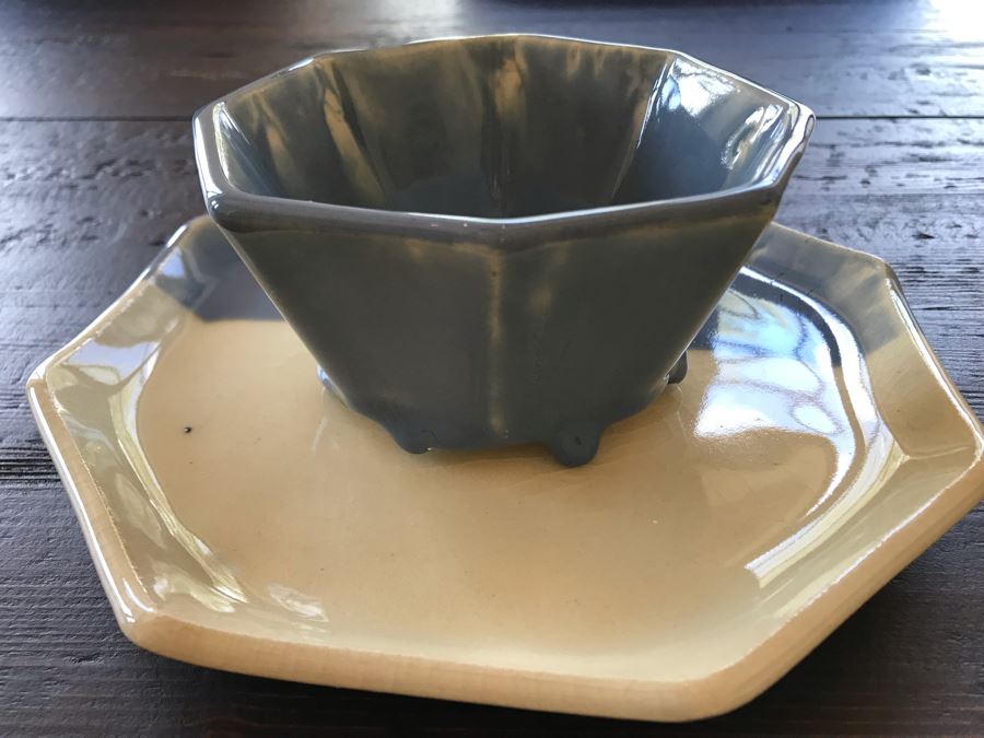 Signed Glazed Pottery Footed Cup With Plate 8W [Photo 3]