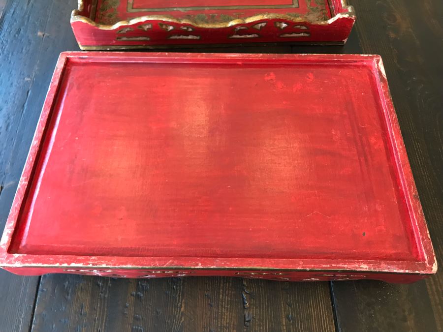 Set Of (3) Red Wooden Trays 18 X 12 [Photo 7]