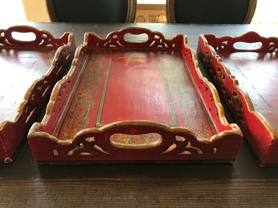 Set Of (3) Red Wooden Trays 18 X 12 [Photo 4]