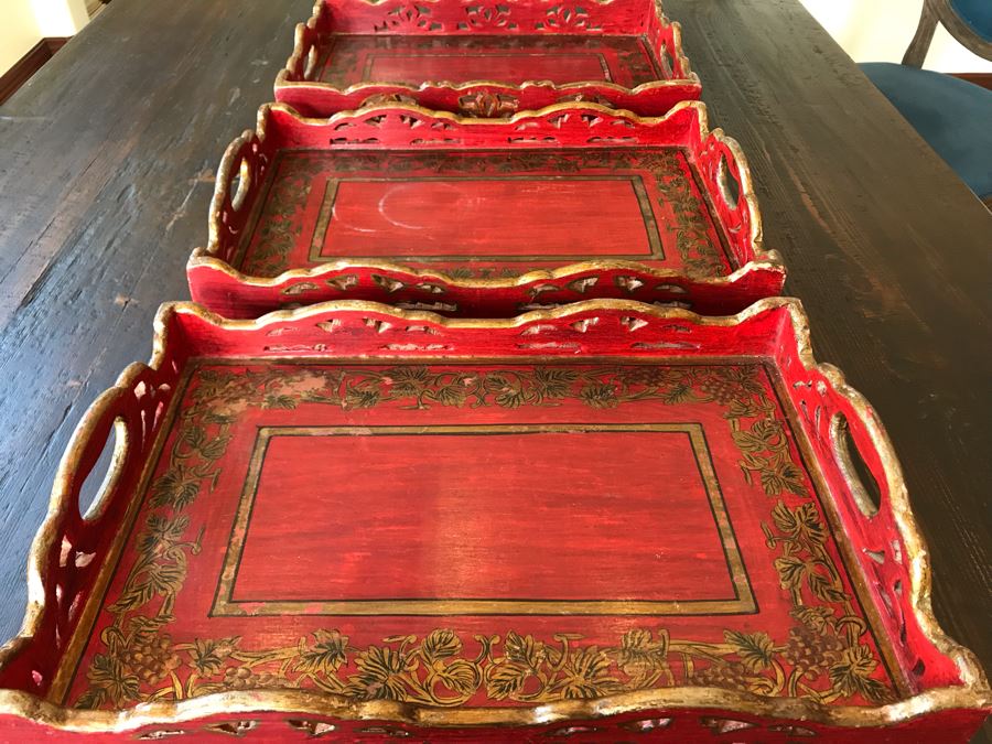 Set Of (3) Red Wooden Trays 18 X 12 [Photo 5]