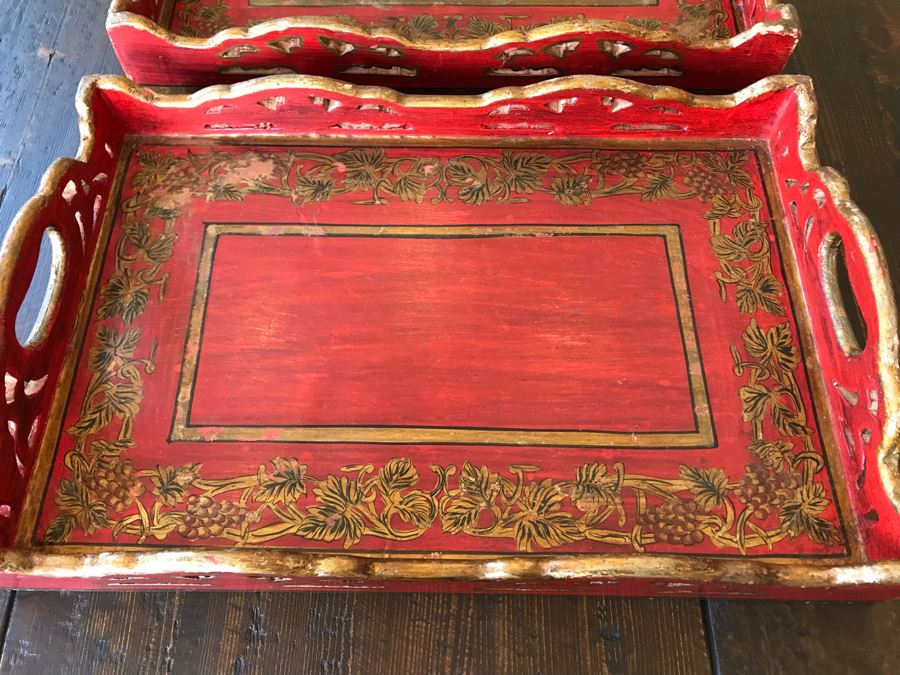 Set Of (3) Red Wooden Trays 18 X 12 [Photo 6]