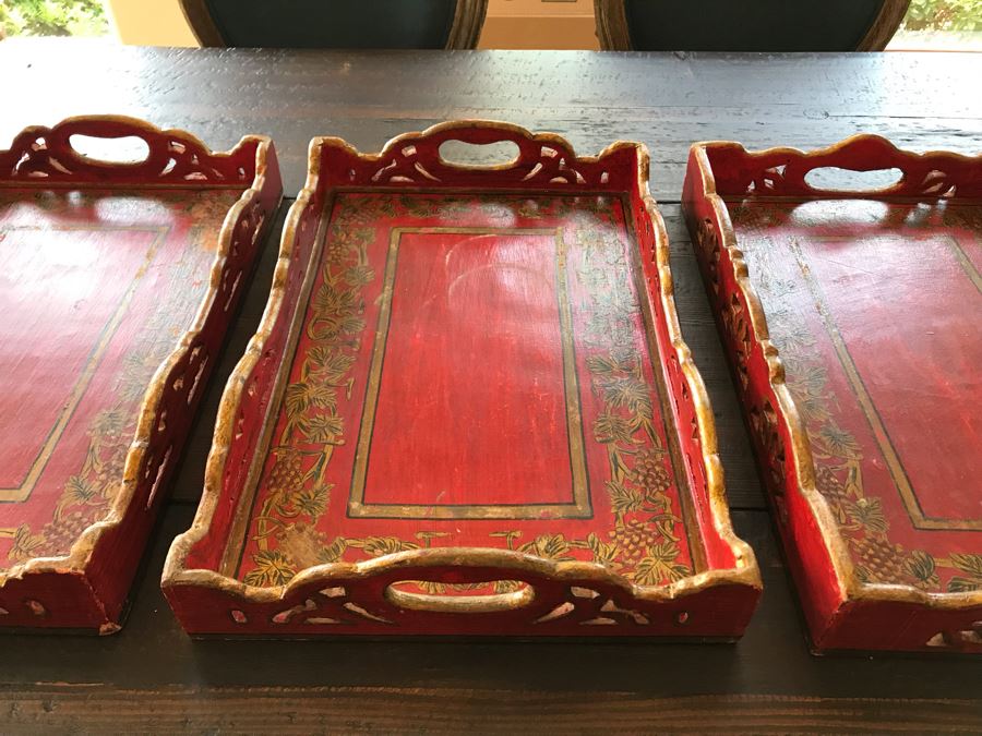 Set Of (3) Red Wooden Trays 18 X 12 [Photo 3]