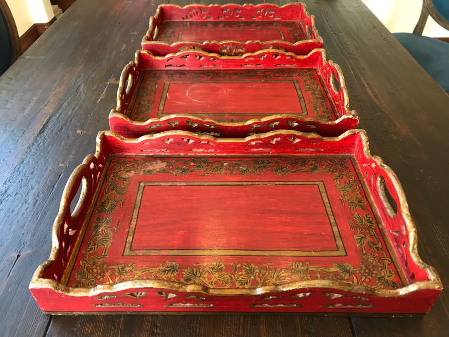Set Of (3) Red Wooden Trays 18 X 12 [Photo 1]