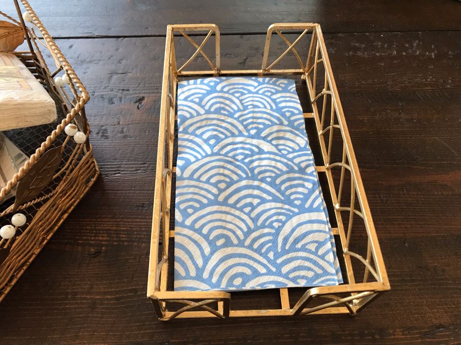 Metal Basket 11W With New Napkins And Gold Tone Tissue Box Holder 9 X 5 [Photo 4]