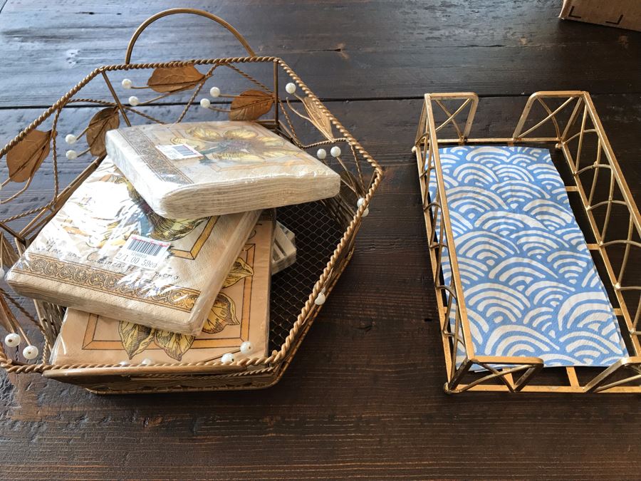 Metal Basket 11W With New Napkins And Gold Tone Tissue Box Holder 9 X 5 [Photo 2]