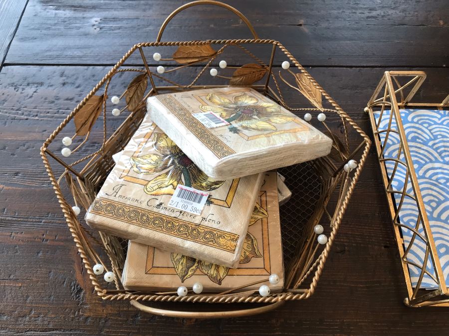 Metal Basket 11W With New Napkins And Gold Tone Tissue Box Holder 9 X 5 [Photo 3]