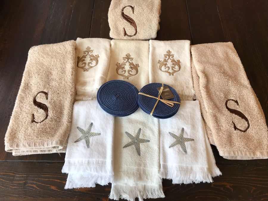 Various Bathroom Hand Towels And Set Of Coasters