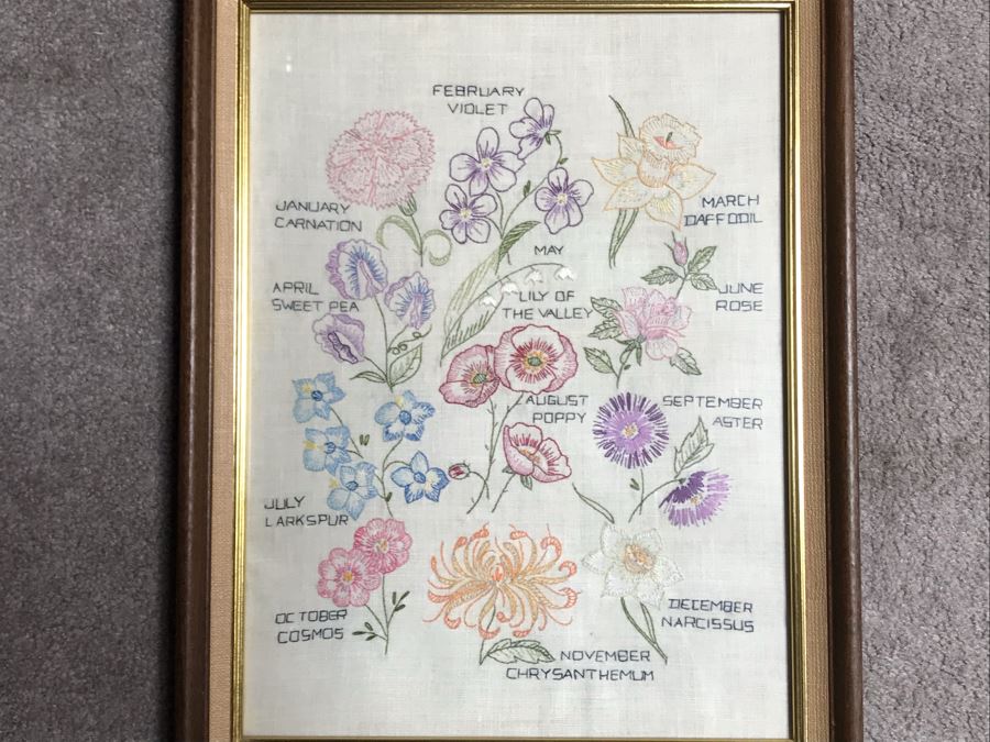 Framed Embroidery Of Annual Blooming Of Flowers By Month 14 X 18 [Photo 2]