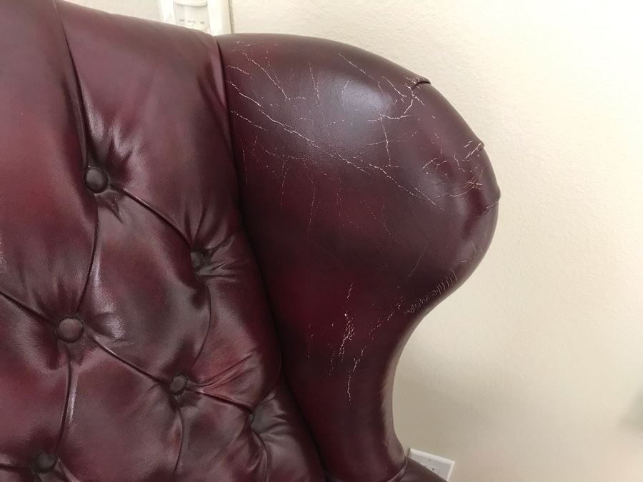 Classy Burgundy Tufted Leather Wingback Chair With Brass Nailhead Trim 29W X 27D X 46H [Photo 7]