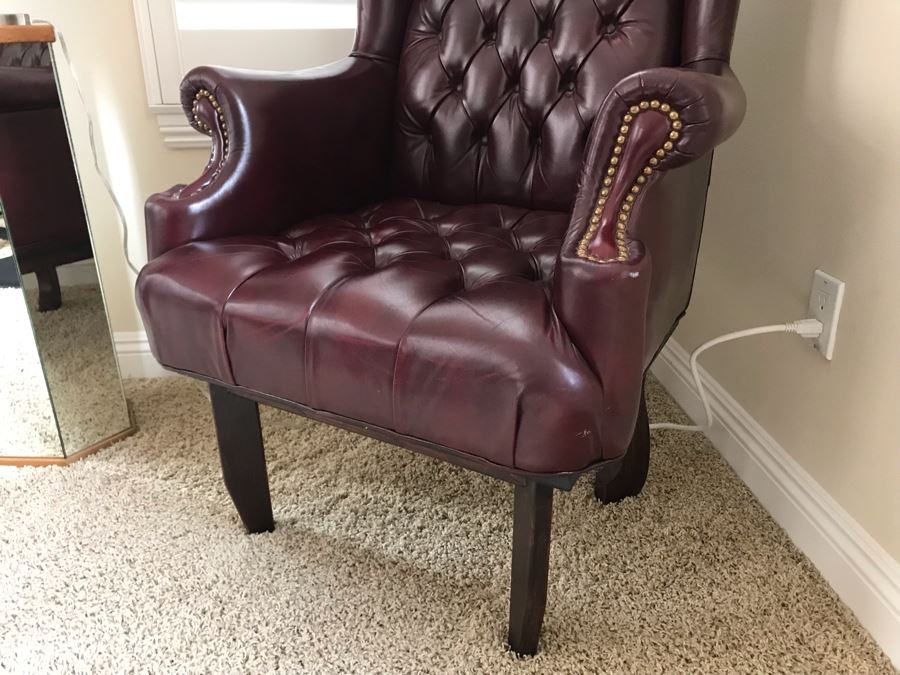 Classy Burgundy Tufted Leather Wingback Chair With Brass Nailhead Trim 29W X 27D X 46H [Photo 4]