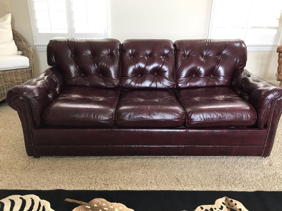 Burgundy Tufted Leather Sleeper Sofa Couch With Brass Nailhead Trim From The Leather Factory 75W X 38D X 30H [Photo 3]