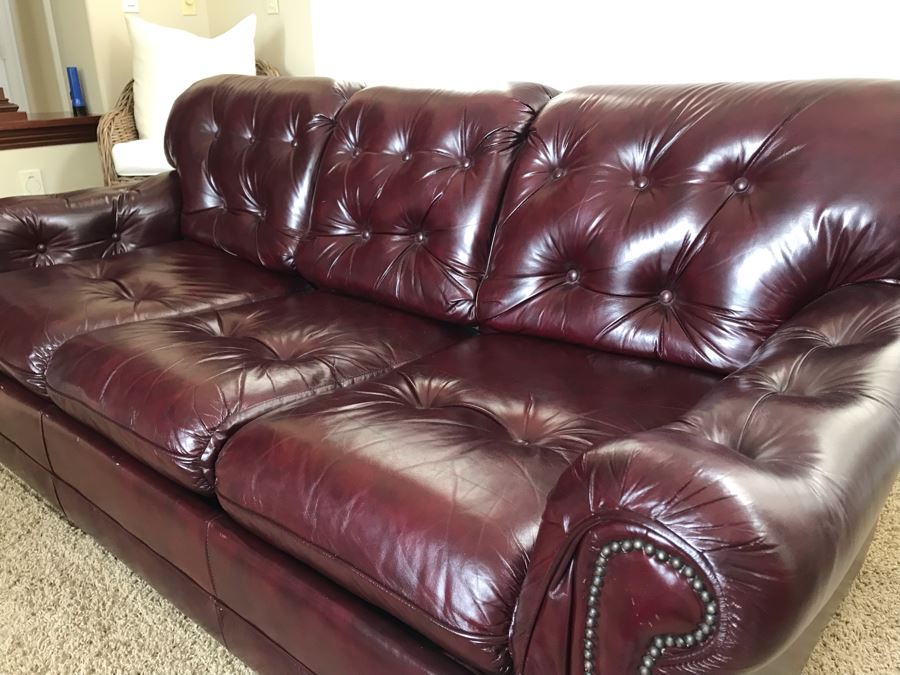 Burgundy Tufted Leather Sleeper Sofa Couch With Brass Nailhead Trim From The Leather Factory 75W X 38D X 30H [Photo 6]