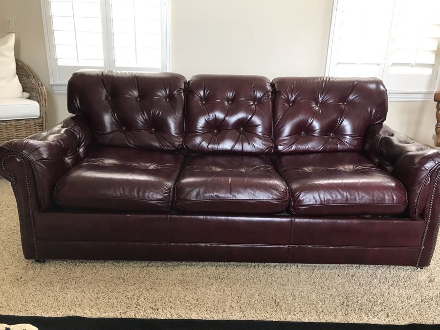 Burgundy Tufted Leather Sleeper Sofa Couch With Brass Nailhead Trim From The Leather Factory 75W X 38D X 30H [Photo 4]