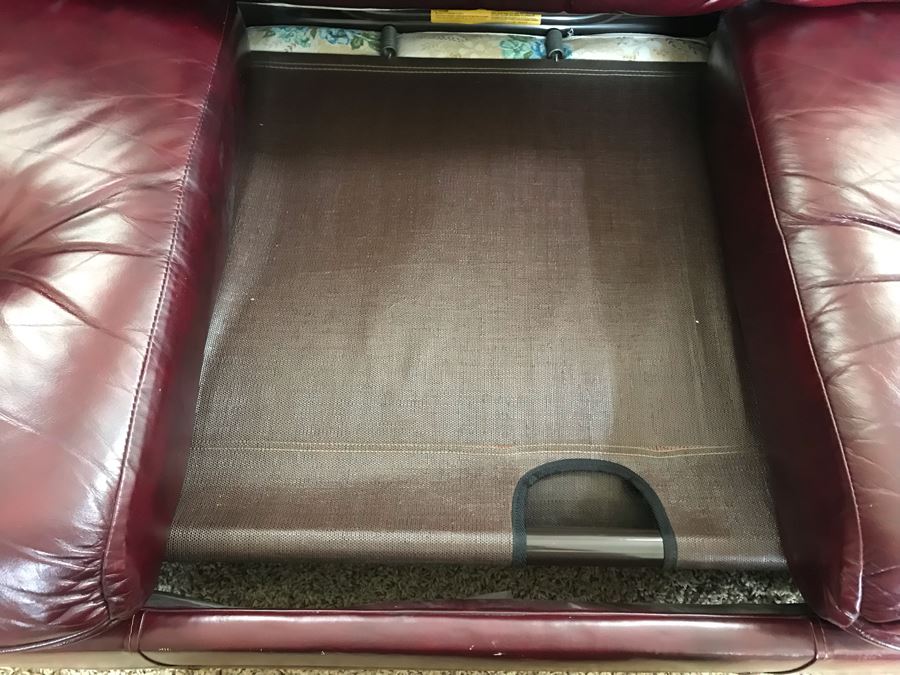 Burgundy Tufted Leather Sleeper Sofa Couch With Brass Nailhead Trim From The Leather Factory 75W X 38D X 30H [Photo 7]