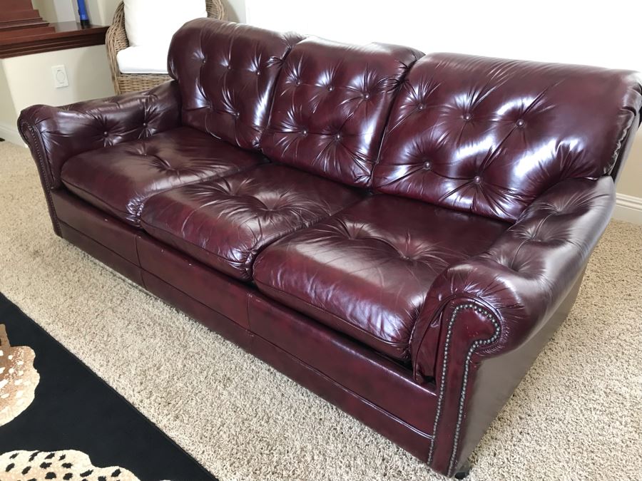 Burgundy Tufted Leather Sleeper Sofa Couch With Brass Nailhead Trim From The Leather Factory 75W X 38D X 30H [Photo 1]