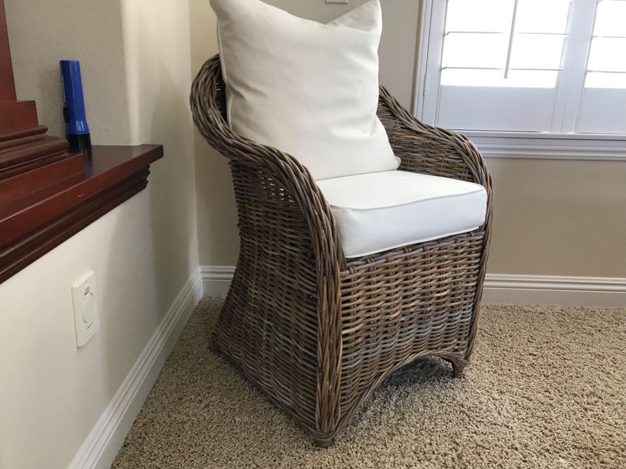 Wicker Armchair With White Cushions