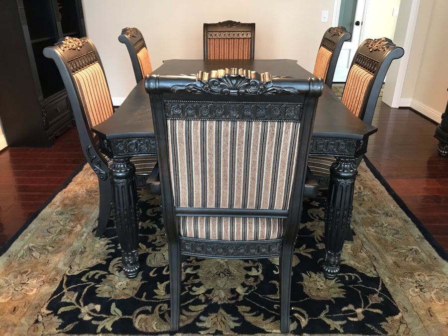 Stunning Premium Black Carved Dining Table With 4 Dining Chairs And 2 Armchairs Plus Two Extra 18' Leaves From Ashley Furniture Like New / Never Used (Solid And Heavy) 46W X 80L X 30H