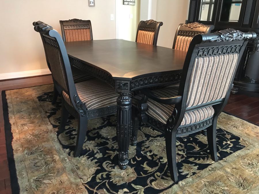 Stunning Premium Black Carved Dining Table With 4 Dining Chairs And 2 Armchairs Plus Two Extra 18' Leaves From Ashley Furniture Like New / Never Used (Solid And Heavy) 46W X 80L X 30H [Photo 5]