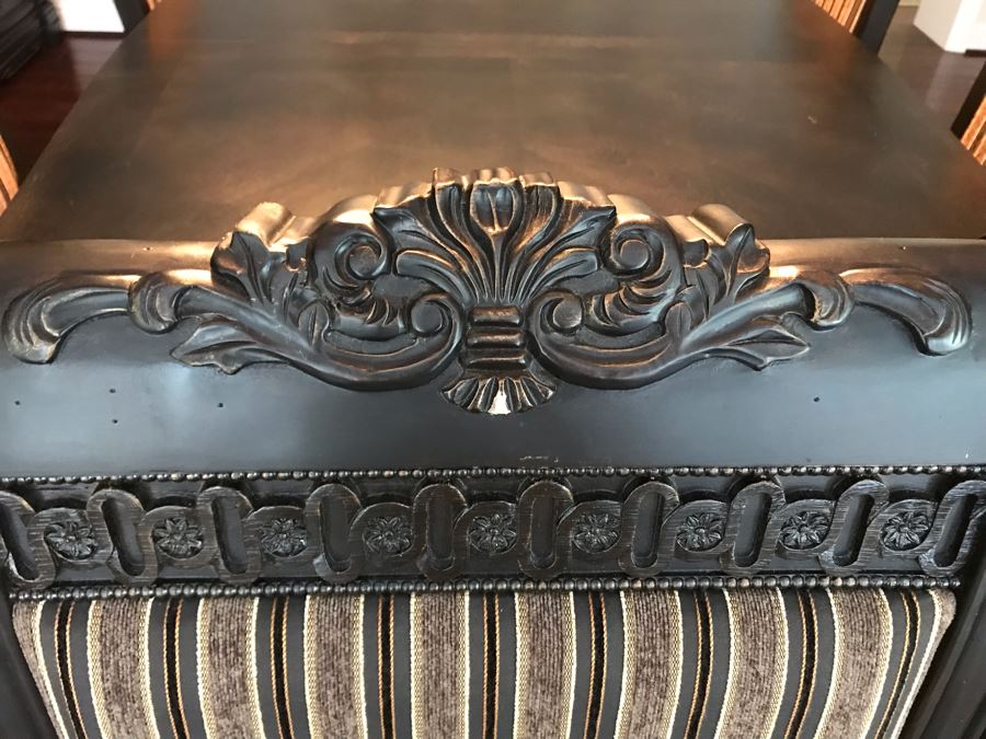 Stunning Premium Black Carved Dining Table With 4 Dining Chairs And 2 Armchairs Plus Two Extra 18' Leaves From Ashley Furniture Like New / Never Used (Solid And Heavy) 46W X 80L X 30H [Photo 17]