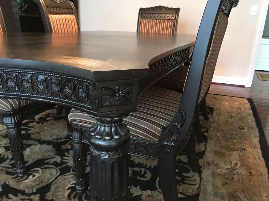 Stunning Premium Black Carved Dining Table With 4 Dining Chairs And 2 Armchairs Plus Two Extra 18' Leaves From Ashley Furniture Like New / Never Used (Solid And Heavy) 46W X 80L X 30H [Photo 13]
