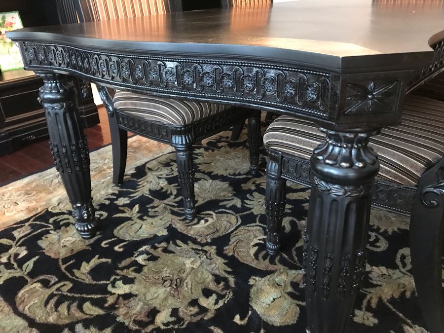 Stunning Premium Black Carved Dining Table With 4 Dining Chairs And 2 Armchairs Plus Two Extra 18' Leaves From Ashley Furniture Like New / Never Used (Solid And Heavy) 46W X 80L X 30H [Photo 12]