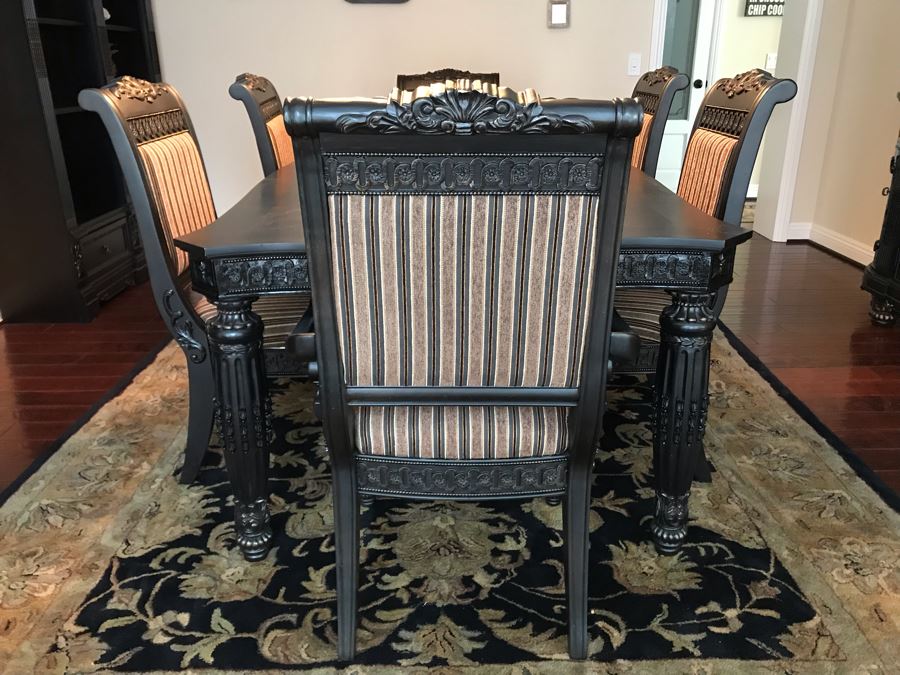 Stunning Premium Black Carved Dining Table With 4 Dining Chairs And 2 Armchairs Plus Two Extra 18' Leaves From Ashley Furniture Like New / Never Used (Solid And Heavy) 46W X 80L X 30H [Photo 3]