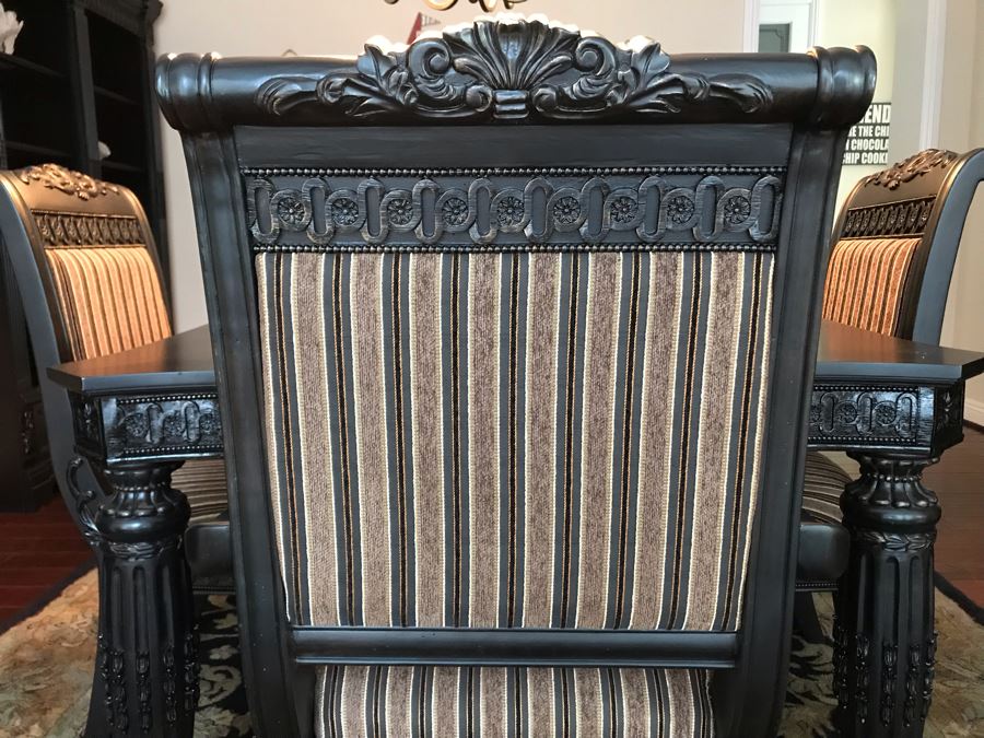 Stunning Premium Black Carved Dining Table With 4 Dining Chairs And 2 Armchairs Plus Two Extra 18' Leaves From Ashley Furniture Like New / Never Used (Solid And Heavy) 46W X 80L X 30H [Photo 7]