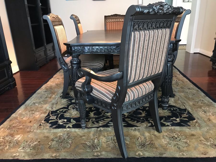 Stunning Premium Black Carved Dining Table With 4 Dining Chairs And 2 Armchairs Plus Two Extra 