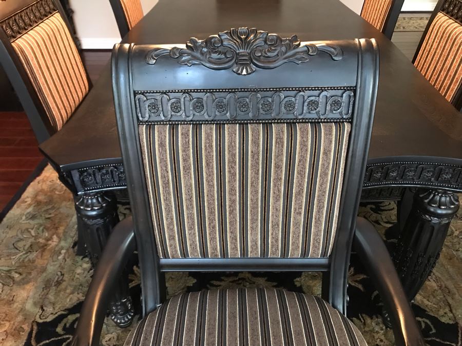 Stunning Premium Black Carved Dining Table With 4 Dining Chairs And 2 Armchairs Plus Two Extra 18' Leaves From Ashley Furniture Like New / Never Used (Solid And Heavy) 46W X 80L X 30H [Photo 16]
