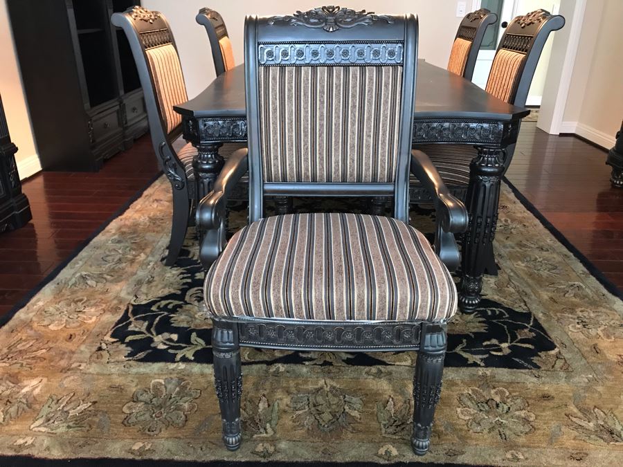 Stunning Premium Black Carved Dining Table With 4 Dining Chairs And 2 Armchairs Plus Two Extra 18' Leaves From Ashley Furniture Like New / Never Used (Solid And Heavy) 46W X 80L X 30H [Photo 15]