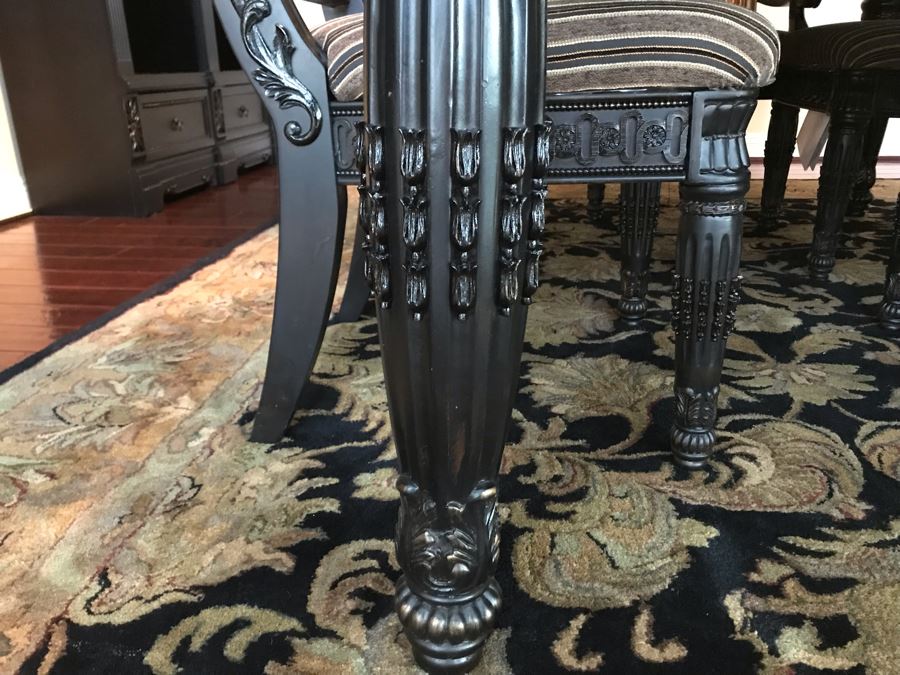 Stunning Premium Black Carved Dining Table With 4 Dining Chairs And 2 Armchairs Plus Two Extra 18' Leaves From Ashley Furniture Like New / Never Used (Solid And Heavy) 46W X 80L X 30H [Photo 11]