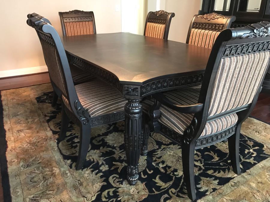 Stunning Premium Black Carved Dining Table With 4 Dining Chairs And 2 Armchairs Plus Two Extra 18' Leaves From Ashley Furniture Like New / Never Used (Solid And Heavy) 46W X 80L X 30H [Photo 4]