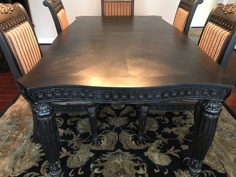 Stunning Premium Black Carved Dining Table With 4 Dining Chairs And 2 Armchairs Plus Two Extra 18' Leaves From Ashley Furniture Like New / Never Used (Solid And Heavy) 46W X 80L X 30H [Photo 10]