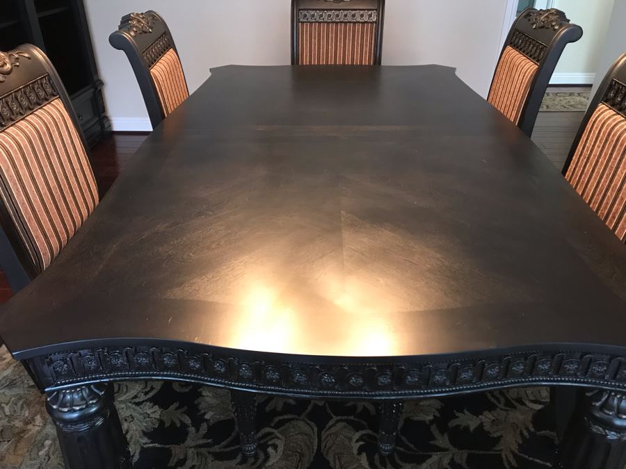 Stunning Premium Black Carved Dining Table With 4 Dining Chairs And 2 Armchairs Plus Two Extra 18' Leaves From Ashley Furniture Like New / Never Used (Solid And Heavy) 46W X 80L X 30H [Photo 18]