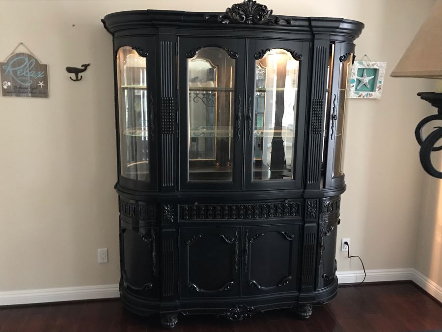 Stunning Premium Black Carved Wooden China Cabinet From Ashley Furniture Like New (Matches Dining Table) 6'W X 18D X 83H [Photo 5]