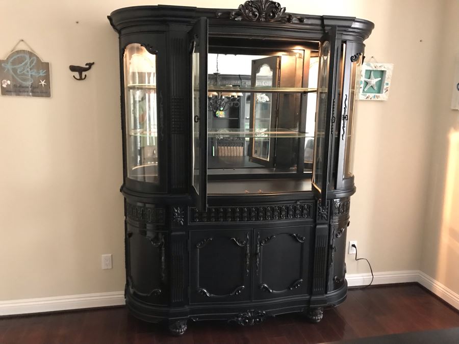 Stunning Premium Black Carved Wooden China Cabinet From Ashley Furniture Like New (Matches Dining Table) 6'W X 18D X 83H [Photo 8]