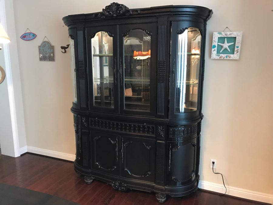 Stunning Premium Black Carved Wooden China Cabinet From Ashley Furniture Like New (Matches Dining Table) 6'W X 18D X 83H [Photo 3]