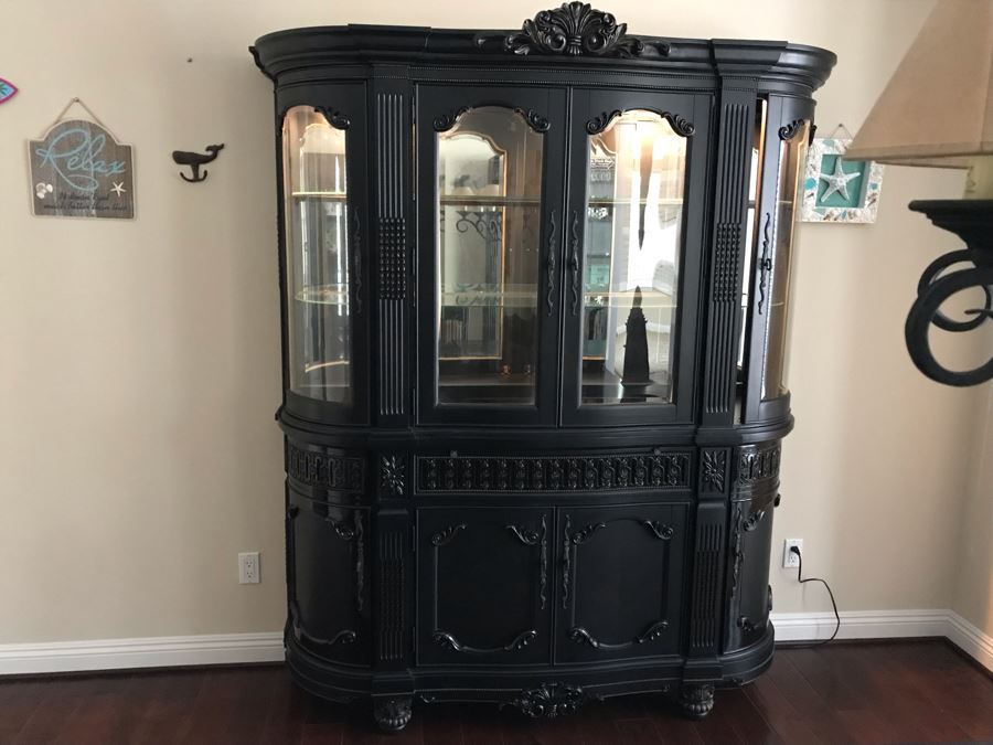 Stunning Premium Black Carved Wooden China Cabinet From Ashley Furniture Like New (Matches Dining Table) 6'W X 18D X 83H [Photo 7]