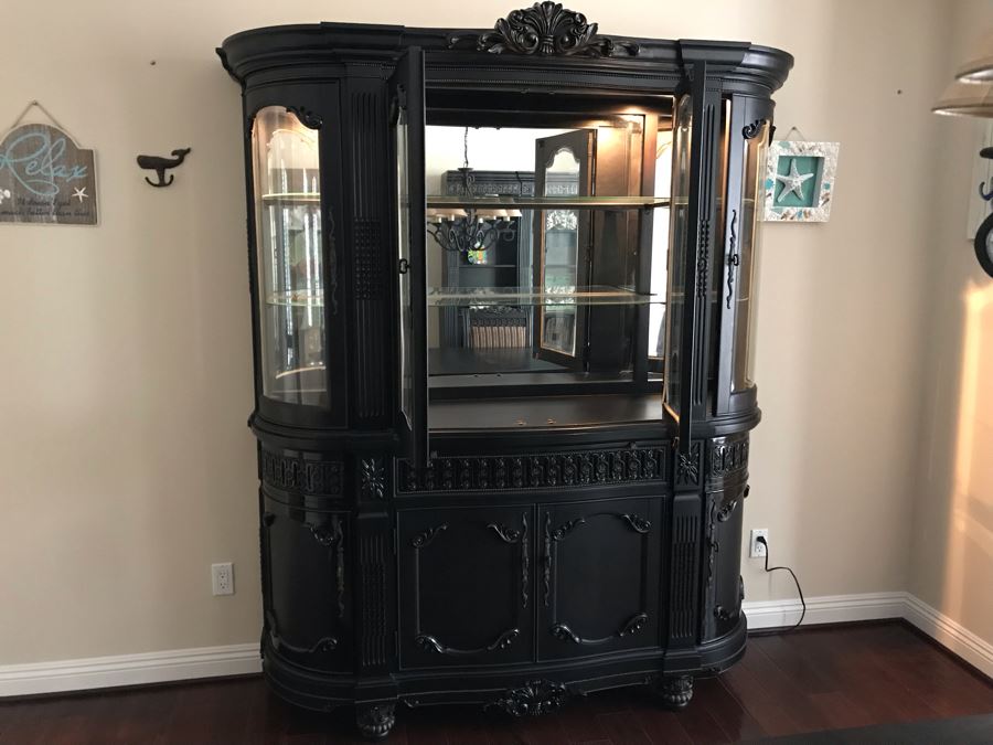Stunning Premium Black Carved Wooden China Cabinet From Ashley Furniture Like New (Matches Dining Table) 6'W X 18D X 83H [Photo 9]
