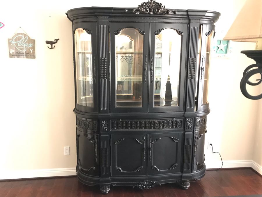 Stunning Premium Black Carved Wooden China Cabinet From Ashley Furniture Like New (Matches Dining Table) 6'W X 18D X 83H [Photo 1]