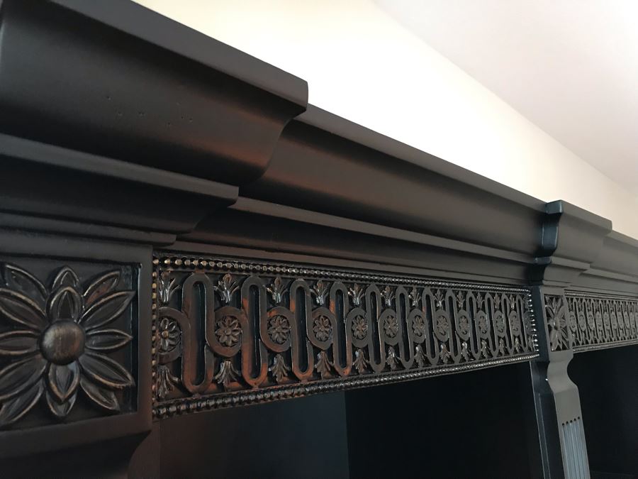 Pair Of Stunning Premium Black Carved Wooden Bookcase Bookshelves With Two Drawers And Overhead Lighting Each Measures 54W X 15D X 82.5H [Photo 6]