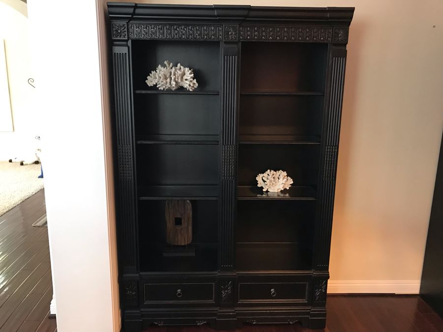 Pair Of Stunning Premium Black Carved Wooden Bookcase Bookshelves With Two Drawers And Overhead Lighting Each Measures 54W X 15D X 82.5H [Photo 5]