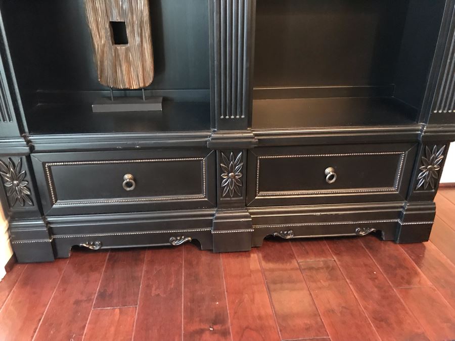 Pair Of Stunning Premium Black Carved Wooden Bookcase Bookshelves With Two Drawers And Overhead Lighting Each Measures 54W X 15D X 82.5H [Photo 10]