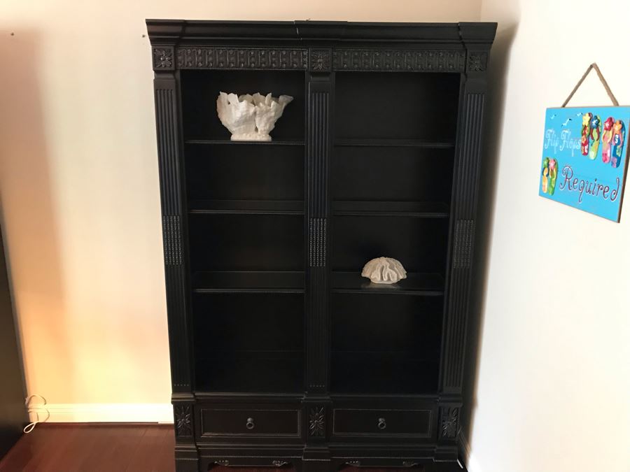 Pair Of Stunning Premium Black Carved Wooden Bookcase Bookshelves With Two Drawers And Overhead Lighting Each Measures 54W X 15D X 82.5H [Photo 14]